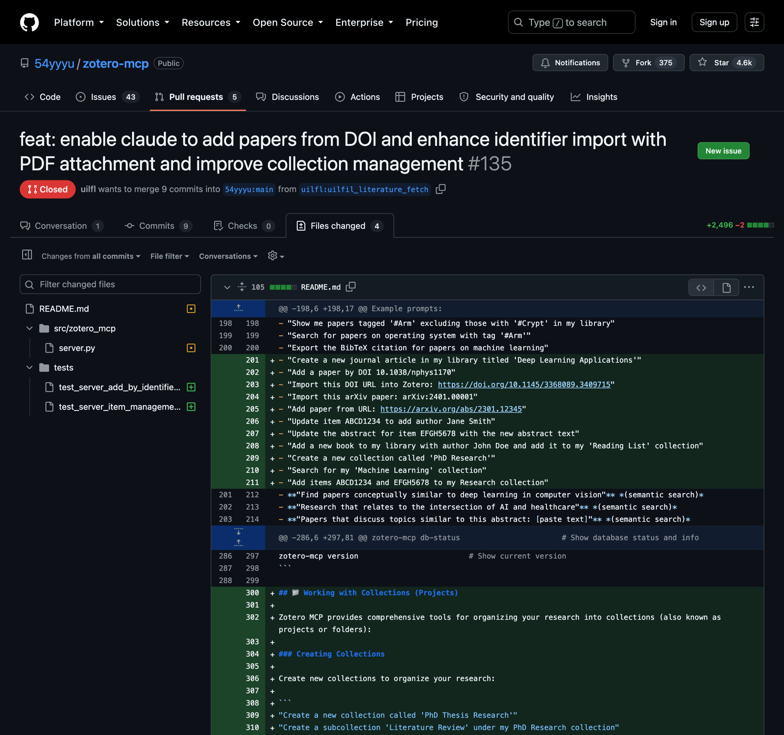 GitHub files changed view for pull request 135 showing added README prompts for DOI and arXiv import, item updates, and collection management