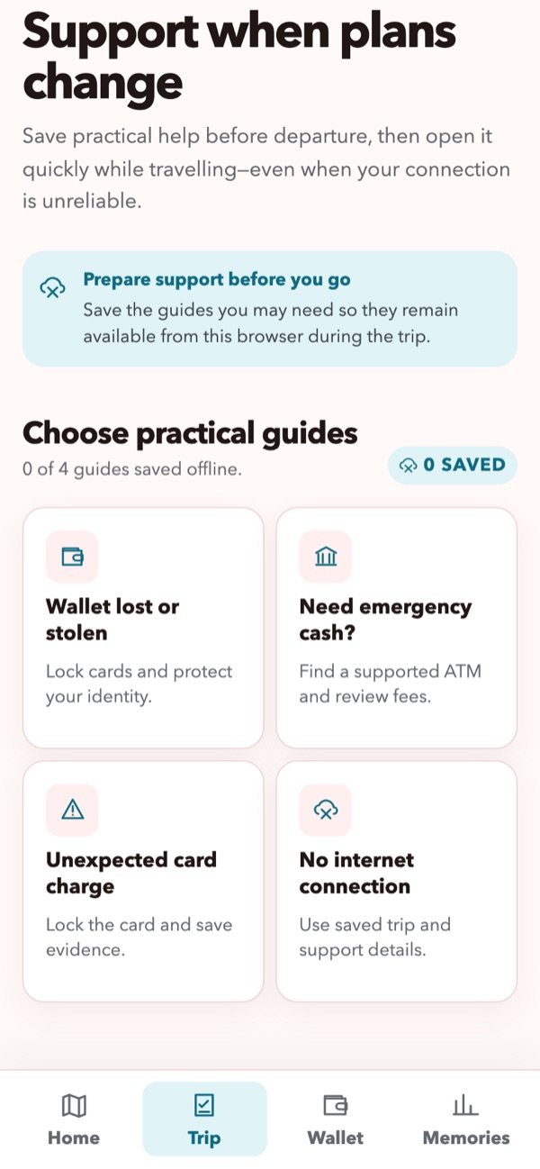 Trip Support page showing four guide cards — Wallet lost or stolen, Need emergency cash, Unexpected card charge, No internet connection