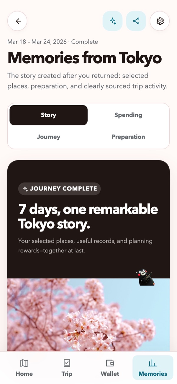 Memories from Tokyo recap screen in a Spotify-Wrapped style, with tabs for Story, Spending, Journey, and Preparation