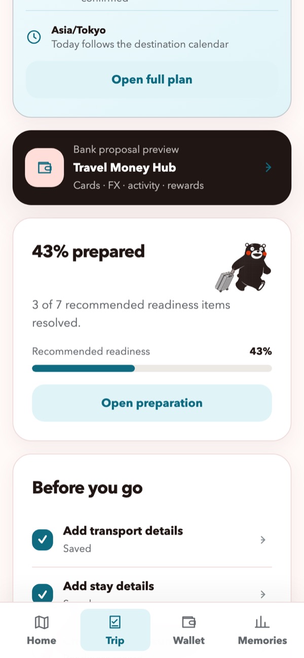 Trip Dashboard's Trip Readiness panel showing a prepared-percentage progress bar, the e.Fingo mascot, and a checklist of readiness items with completion states