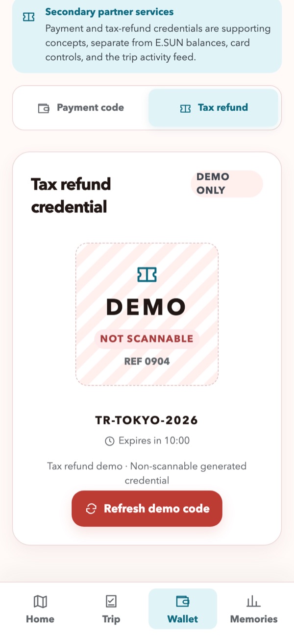 Wallet Services tab showing a Payment code / Tax refund toggle above a demo credential card labeled DEMO, NOT SCANNABLE