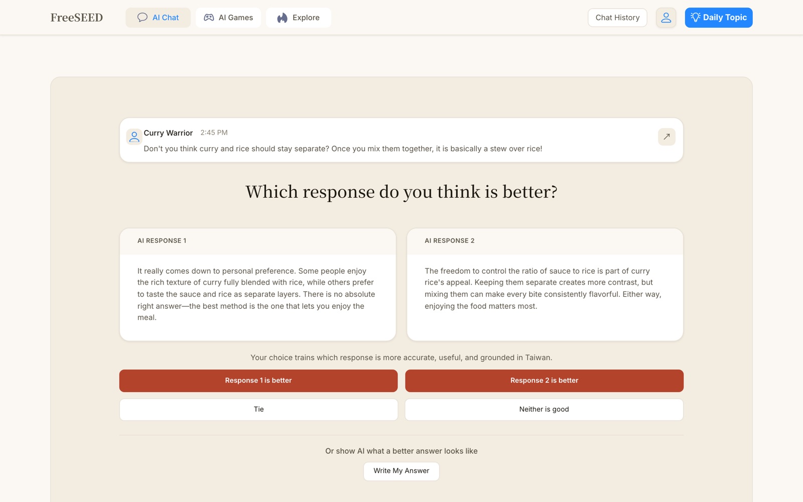 Blind comparison screen showing two AI responses side by side to a question about curry and rice, with four voting buttons below