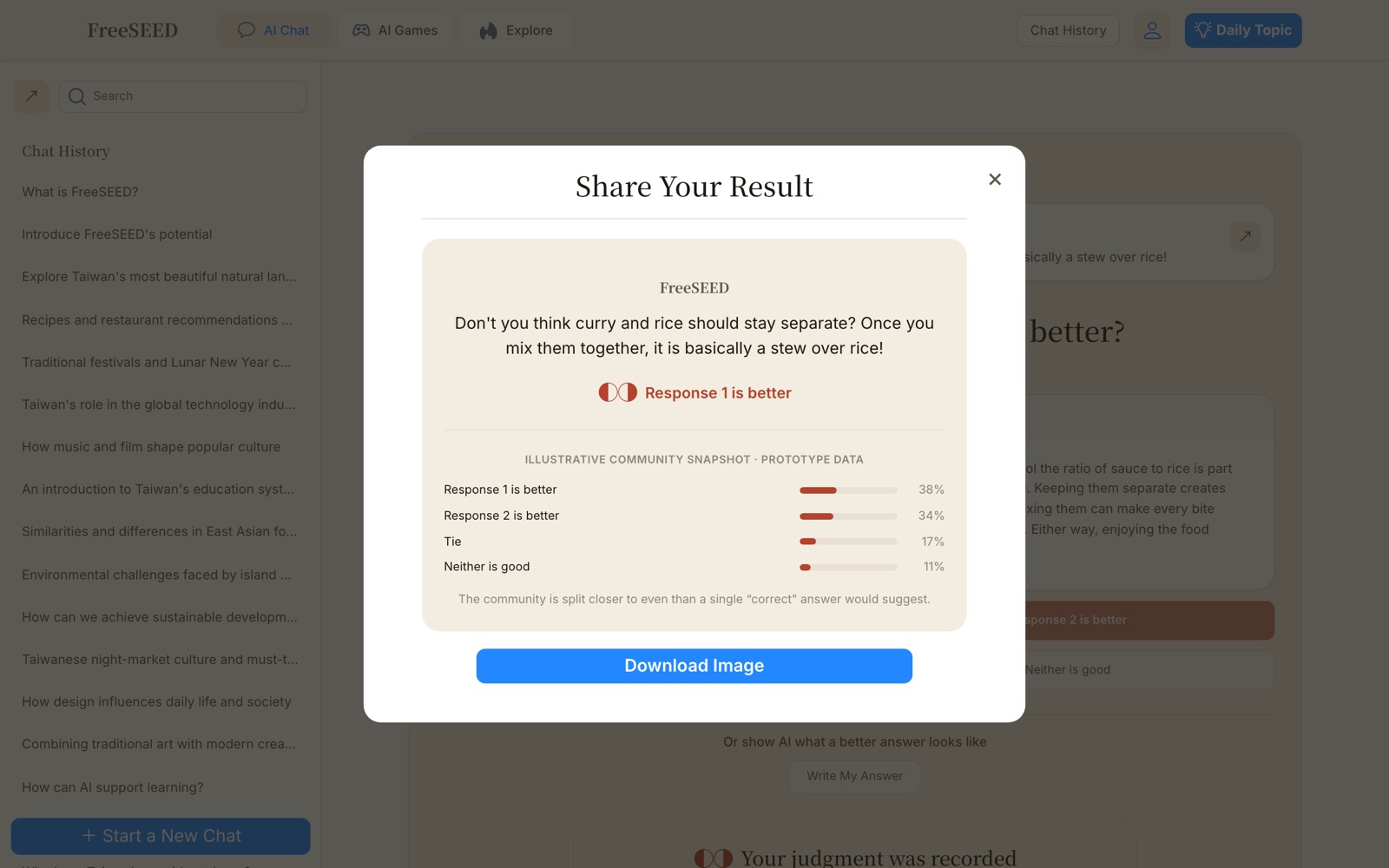 Share Your Result modal, previewing a branded card with the question, the chosen verdict beside a moon-block glyph, and the illustrative community snapshot, above a Download Image button