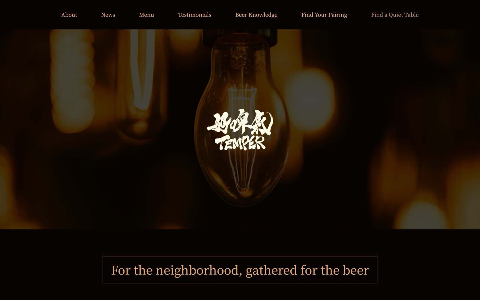 TEMPER brand website homepage, showing the calligraphy logo inside a filament light bulb against a dark, warm-toned bar interior